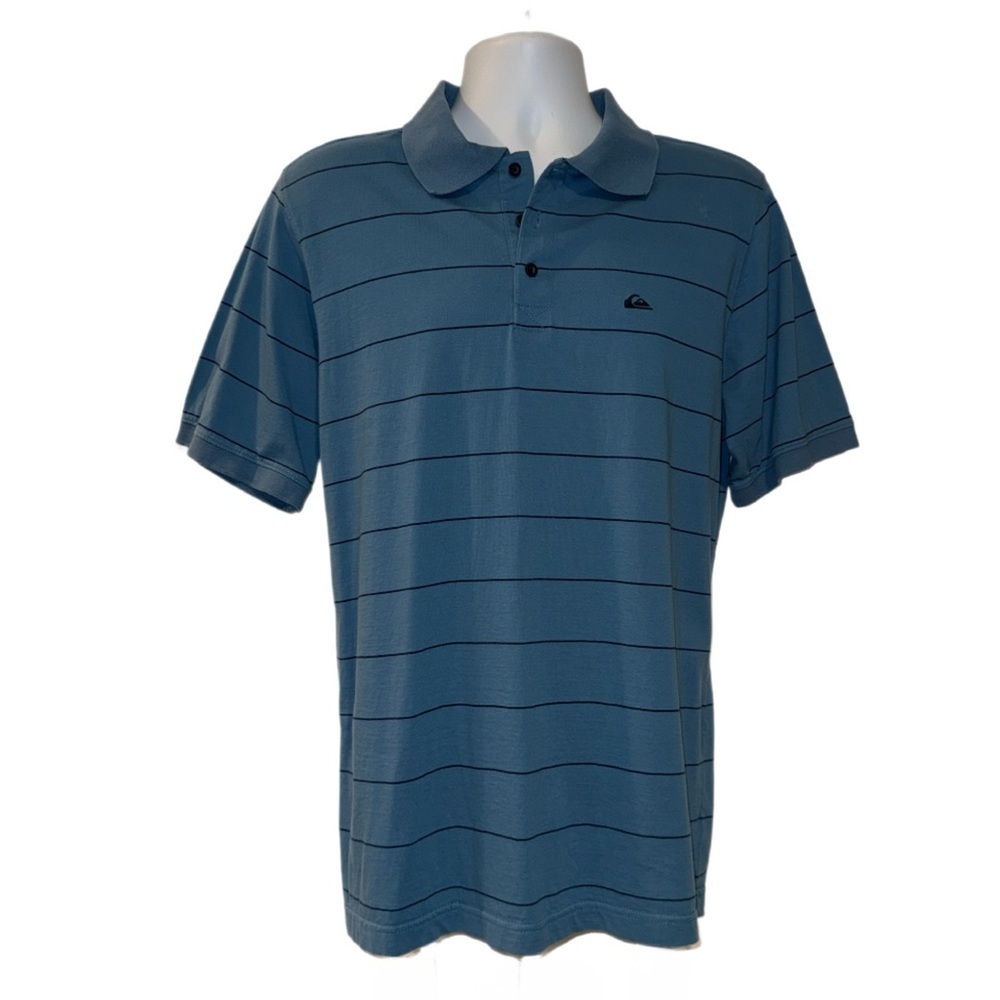Quiksilver Men’s Polo Shirt Large Blue Striped Short Sleeve Surf Skate Casual - Picture 4 of 10
